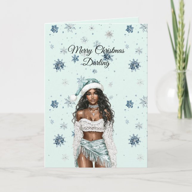 Chic Mint Blue Snowflakes Black Hair Female Karte (Vorderseite)