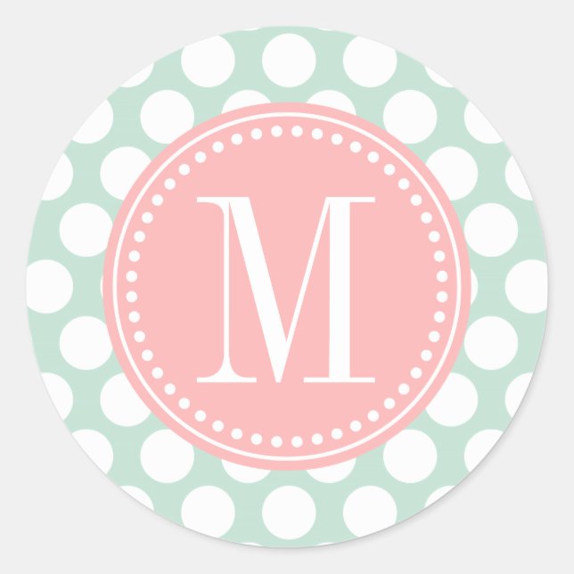 Chic Mint & Blush Pink Große Punkte Mit Monogramm Runder Aufkleber (Vorderseite)