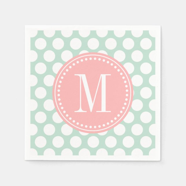 Chic Mint & Blush Pink Große Punkte Mit Monogramm Serviette (Vorderseite)