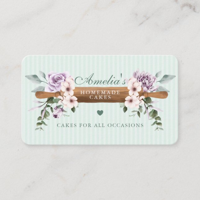 Chic Mint Floral Watercolor Bäckerei Roller Button Visitenkarte (Vorderseite)