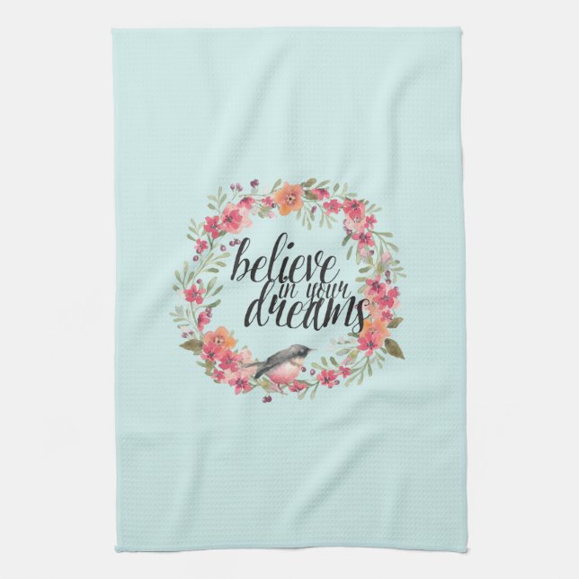 Chic Mint glauben an Ihre Träume Bird Pink Blume Geschirrtuch (Vertikal)