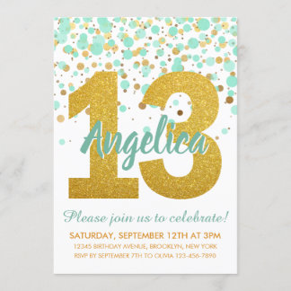 Chic Mint Gold Glitzer Confetti Girl 13. Geburtsta Einladung
