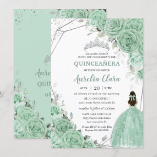 Chic Mint Green Blumenprinzessin Silver Quinceañer Einladung