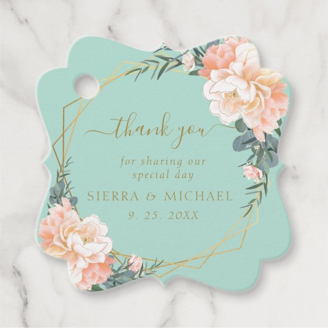 Chic Mint Green Gold Blush Peach Floral Wedding Geschenkanhänger (Vorderseite)