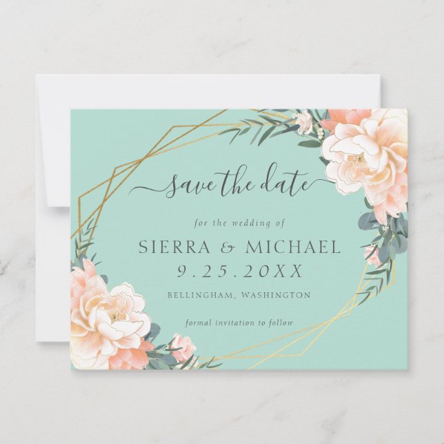Chic Mint Green Peach Gold Floral Save the Date Ankündigung (Vorderseite)