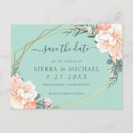 Chic Mint Green Peach Gold Floral Save the Date Ankündigungspostkarte