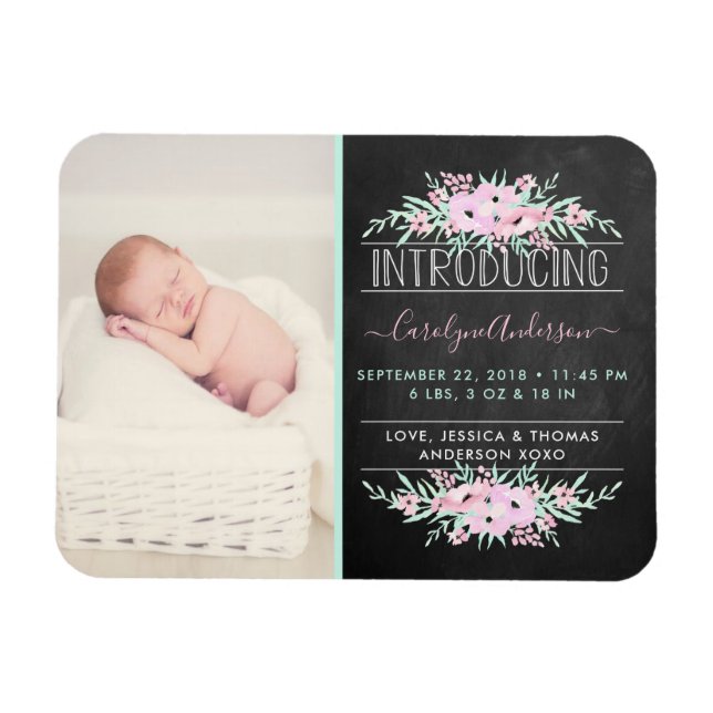 Chic Mint Green & Pink Blume Geburtsankündigung Magnet (Horizontal)