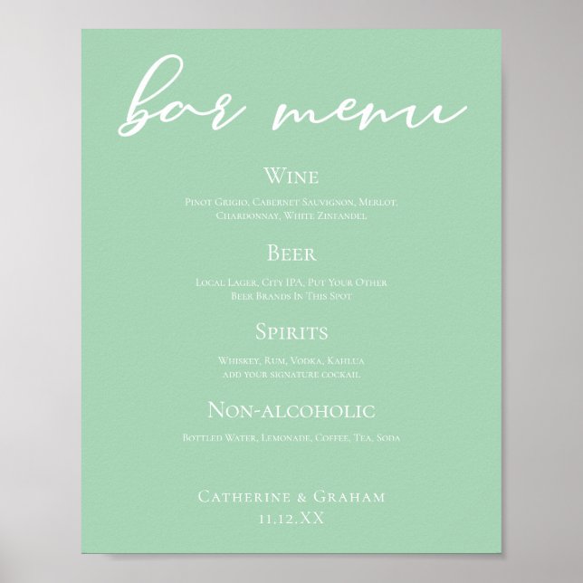 Chic Mint Green Typografy Wedding Bar Menu Poster (Vorne)