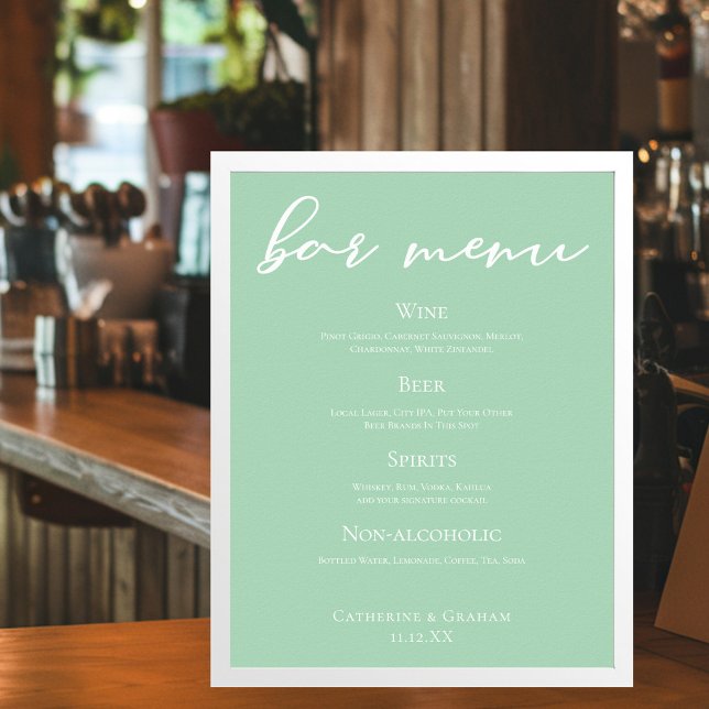 Chic Mint Green Typografy Wedding Bar Menu Poster (Von Creator hochgeladen)