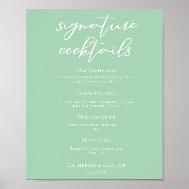 Chic Mint Green Wedding Signature Cocktails Menü Poster (Vorne)