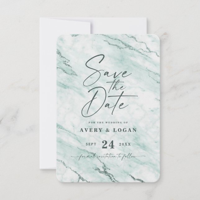 Chic Mint Marmor mit dusty Green Foil Details Save The Date (Vorderseite)