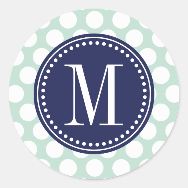 Chic Mint & Navy Big Dots Mit Monogramm Runder Aufkleber (Vorderseite)