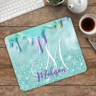 Chic mint ombre Glitzer unicorn Tropfen Monogramm Mousepad