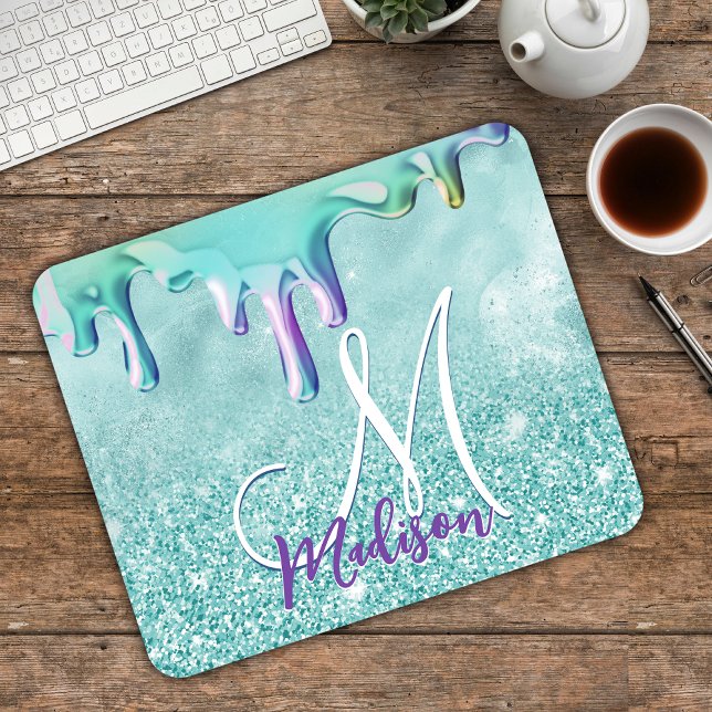 Chic mint ombre Glitzer unicorn Tropfen Monogramm Mousepad (Von Creator hochgeladen)