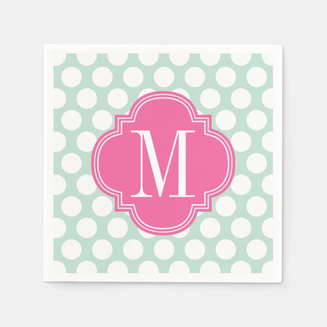 Chic Mint & Pink Big Dots Mit Monogramm Serviette (Vorderseite)
