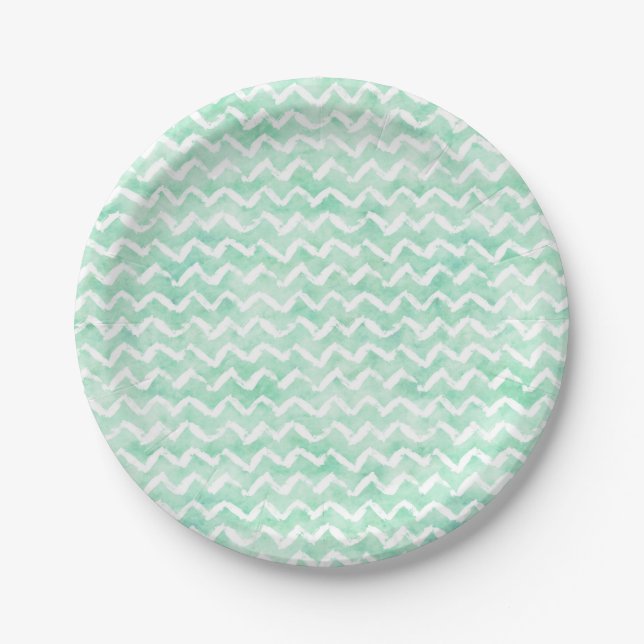 Chic Mint Wasserfarbe Zickzack Streifen Pappteller (Vorderseite)