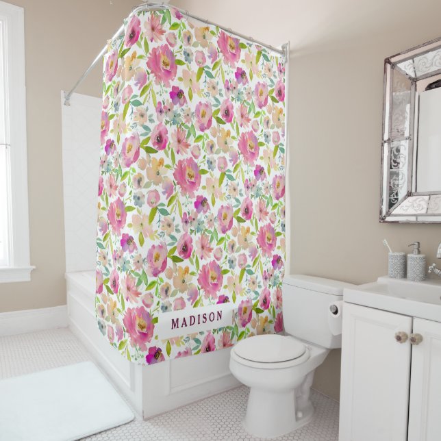 Chic Minze & Blush Pink Aquarell Floral Monogramm Duschvorhang (Beispiel)