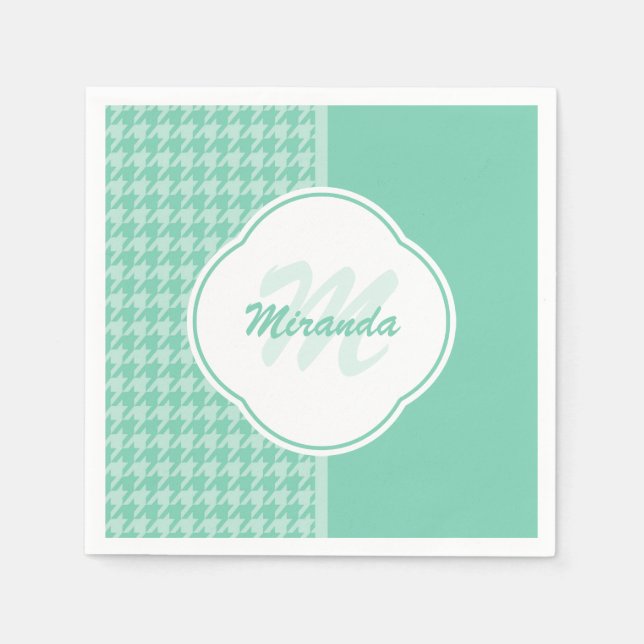 Chic Minze Green Hahnentrittmuster mit Monogramm u Serviette (Vorderseite)