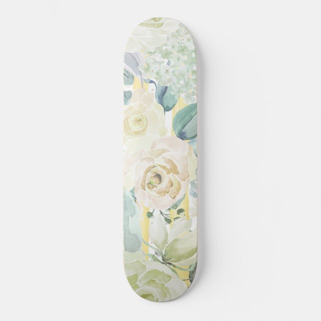 Chic Minze grün gelb blaue Aquarellblume Skateboard (Vorderseite)