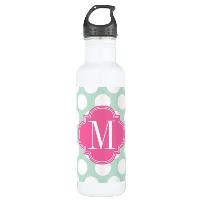 Chic-Minze u. rosa große Punkte mit Monogramm Trinkflasche (Vorderseite)