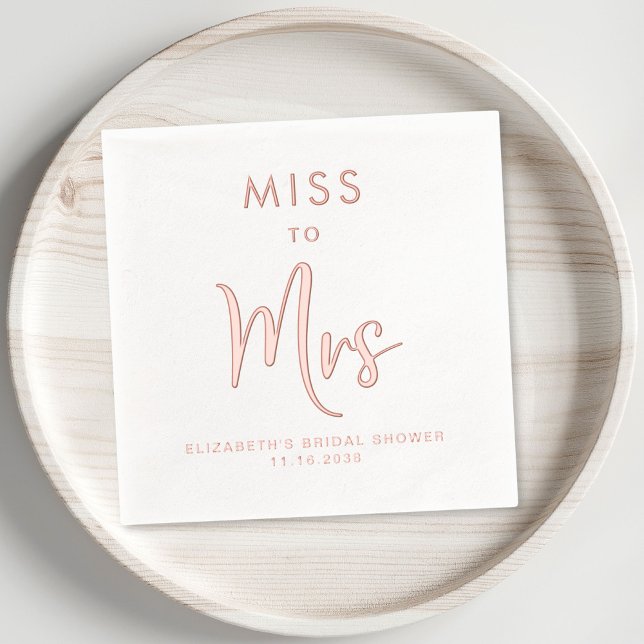 Chic Miss zu Mrs. Brautparty Rose Gold Servietten Mit Folie (Elevate her bridal shower decor with these elegant "Miss to Mrs" rose gold foil napkins)