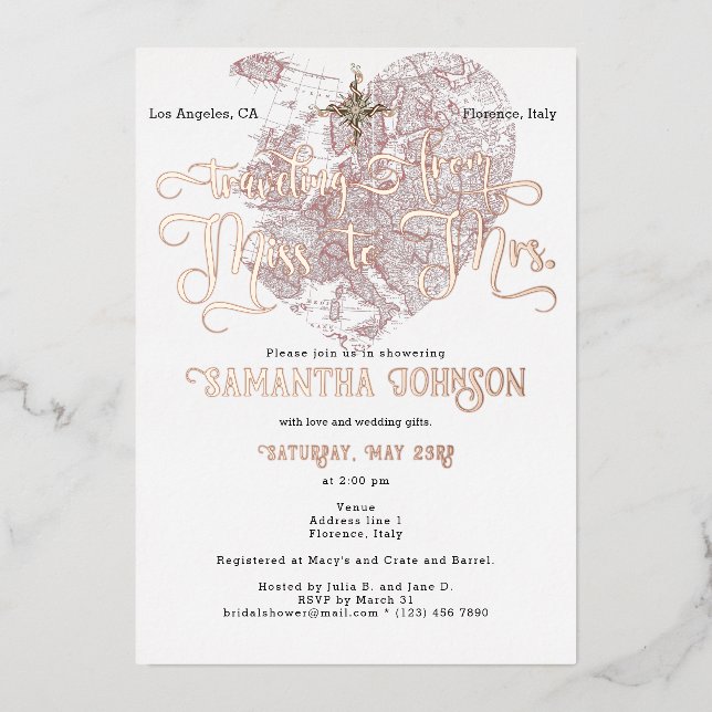 Chic Miss zu Mrs. Kristall Reiseplan Brautparty Folieneinladung (Vorderseite)