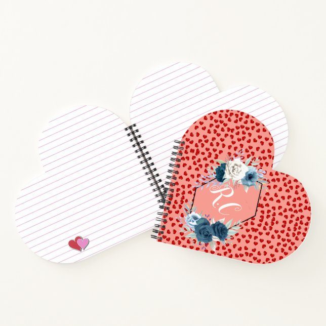 Chic mit Monogramm blaue Blume mit rosa Notizbuch (Innenseite)