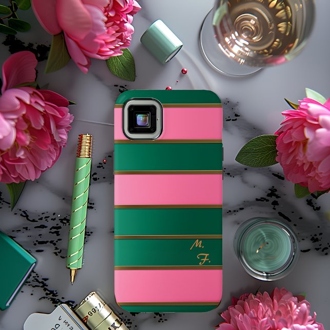 Chic Mit Monogramm, fett rosa & grün, goldgestreif Case-Mate iPhone Hülle (Chic Pink and Green Striped Monogrammed Phone Case )