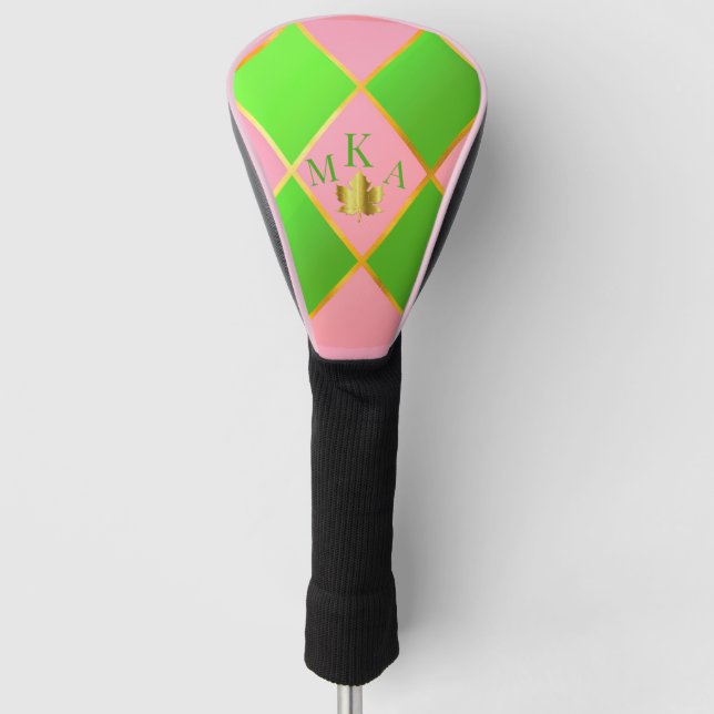 Chic Mit Monogramm Pink & Green Raute Golf Headcover (Vorderseite)