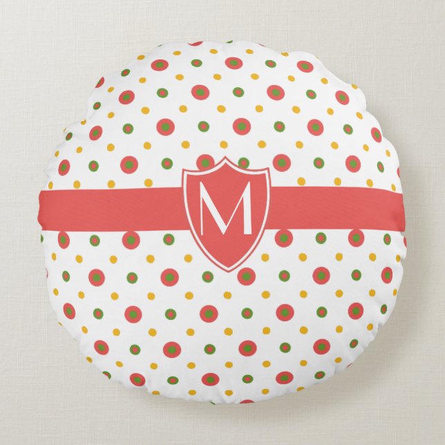 Chic Mit Monogramm Red White Polkas Round Pillow Rundes Kissen (Vorderseite)