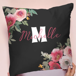 Chic mit Monogramm rosa Floral Aquarell Kissen