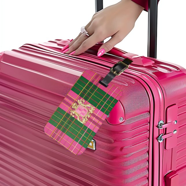 Chic Mit Monogramm rosa und grüne Karierte Gepäckm Gepäckanhänger (Stylish Monogrammed Plaid Luxe Luggage Tag)