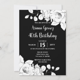 Chic Modern Black and White Floral 40. Geburtstag Einladung