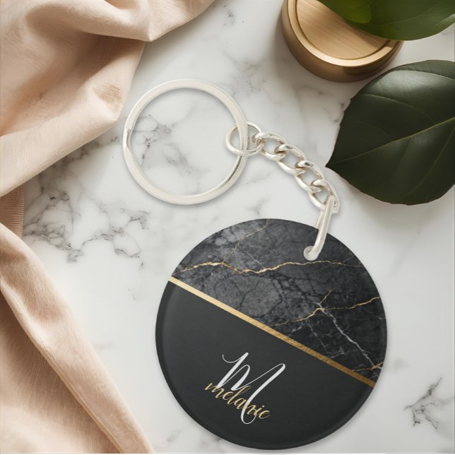 Chic modern Black grey marble gold monogram  Schlüsselanhänger (Von Creator hochgeladen)
