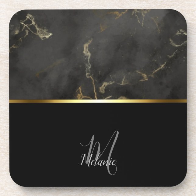 Chic modern Black Marmor Gold Monogramm Getränkeuntersetzer (Vorderseite)