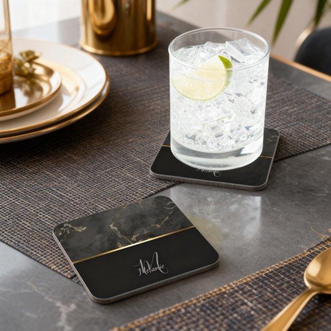 Chic modern Black Marmor Gold Monogramm Getränkeuntersetzer (Von Creator hochgeladen)
