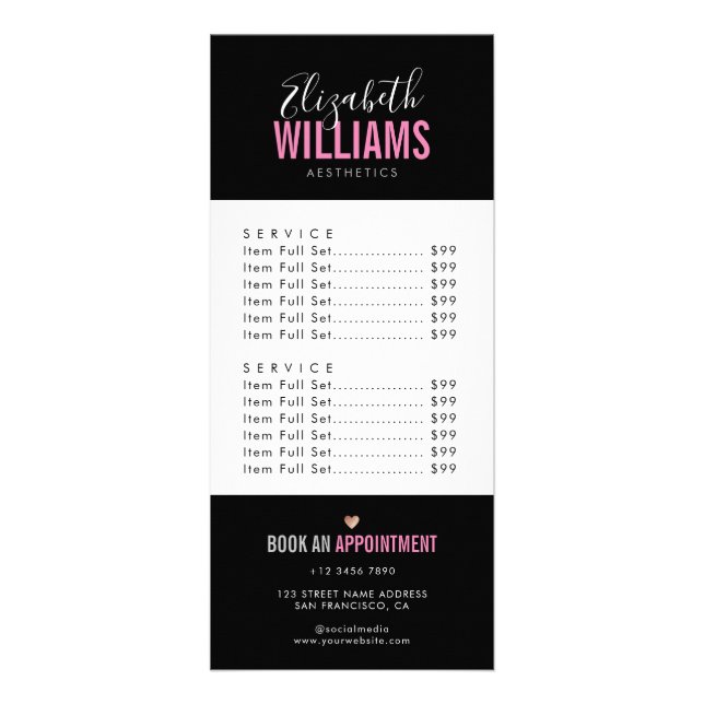 Chic Modern Black Pink Beauty Salon Rack Card Werbekarte (Vorne)