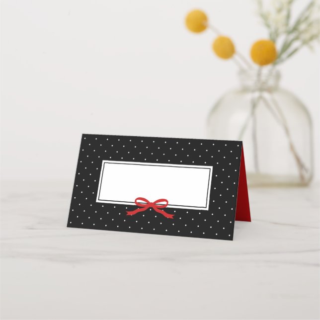 Chic Modern Black Polka Dot mit Red Ribbon Platzkarte (Vorderseite)