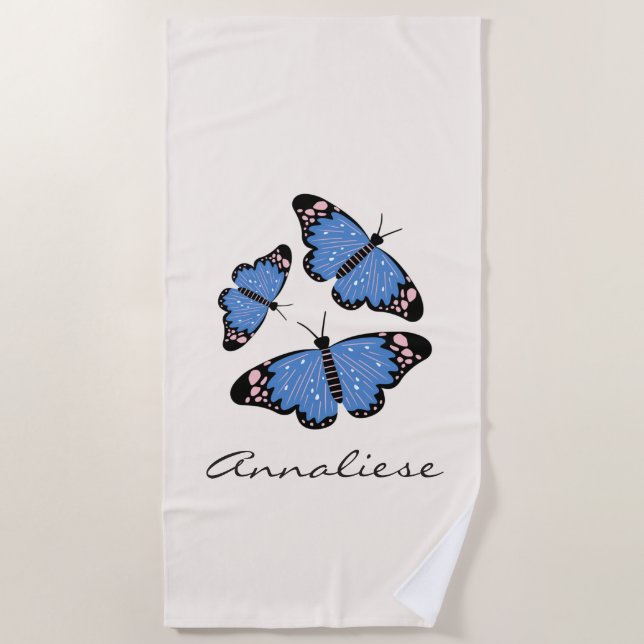 Chic Modern Blue Butterfly Design Personalisiert Strandtuch (Vorderseite)