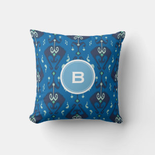 Chic modern blue ikat tribal pattern monogram kissen