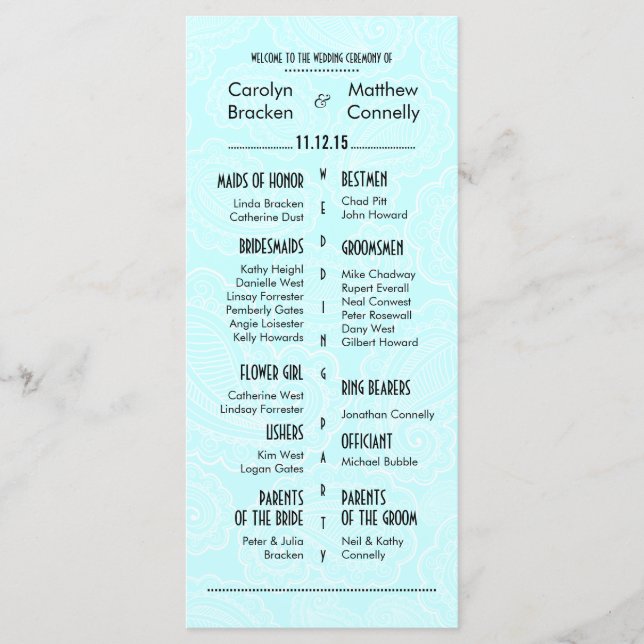 Chic Modern Blue Paisley Wedding Programm (Vorderseite)