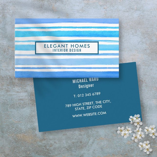 Chic Modern Blue Watercolor Streifen Visitenkarte (Chic Modern Blue Watercolor Stripes Business Card)