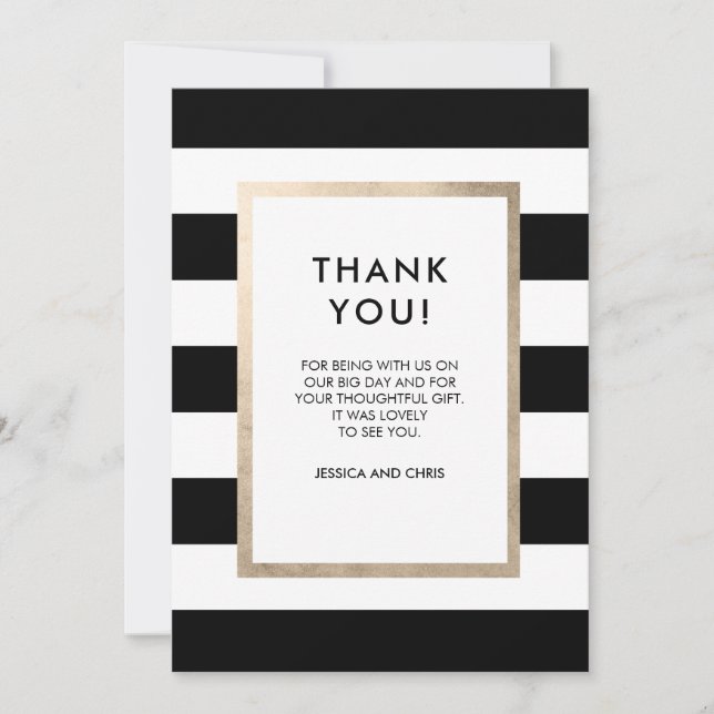 Chic Modern Bold Schwarz-weiß Strip Rose Gold Foil Dankeskarte (Vorderseite)