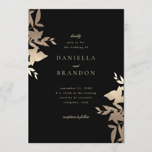 Chic Modern Botanical Imitate Gold Black Wedding Einladung
