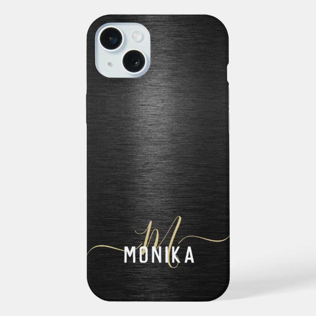 Chic Modern Brushed Metallic Black Gold Monogram iPhone Hülle (Rückseite)