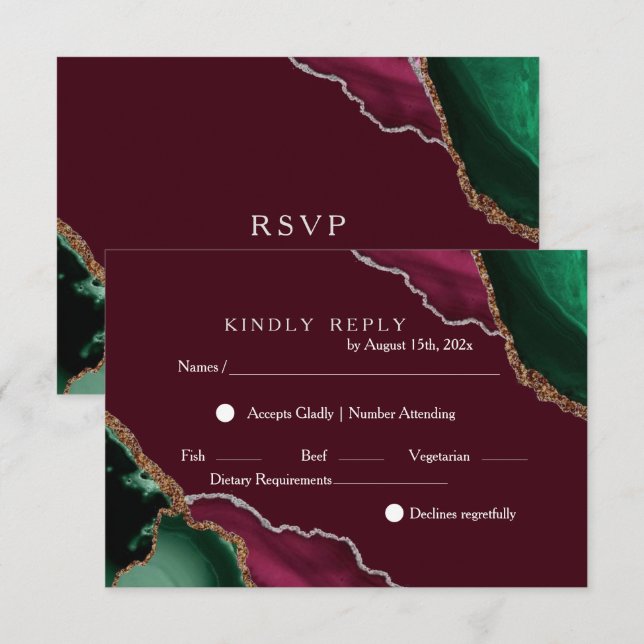 Chic Modern Burgundy & Green Black Agate Wedding RSVP Karte (Vorne/Hinten)
