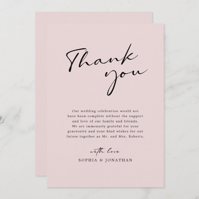 Chic Modern Calligraphy Blush Pink Einfache Hochze Dankeskarte (Vorne/Hinten)