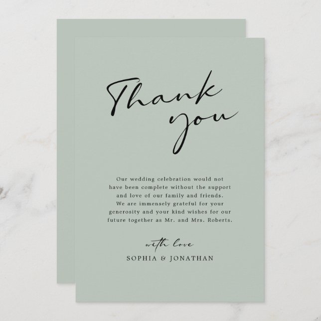 Chic Modern Calligraphy Sage Green Simple Wedding Dankeskarte (Vorne/Hinten)