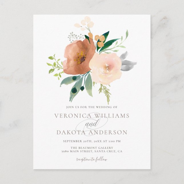 Chic Modern Delicate Watercolor Floral Wedding Einladungspostkarte (Vorderseite)