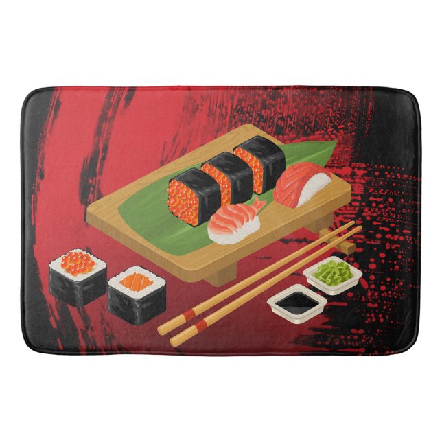 Chic Modern Elegant Black & Red Sushi Badematte (Vorderseite)